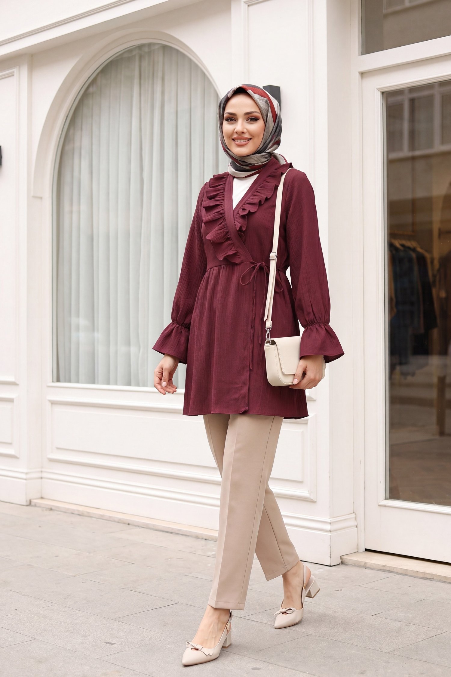 Önü Fırfırlı Bağlamalı Krinkıl Kimono -Bordo