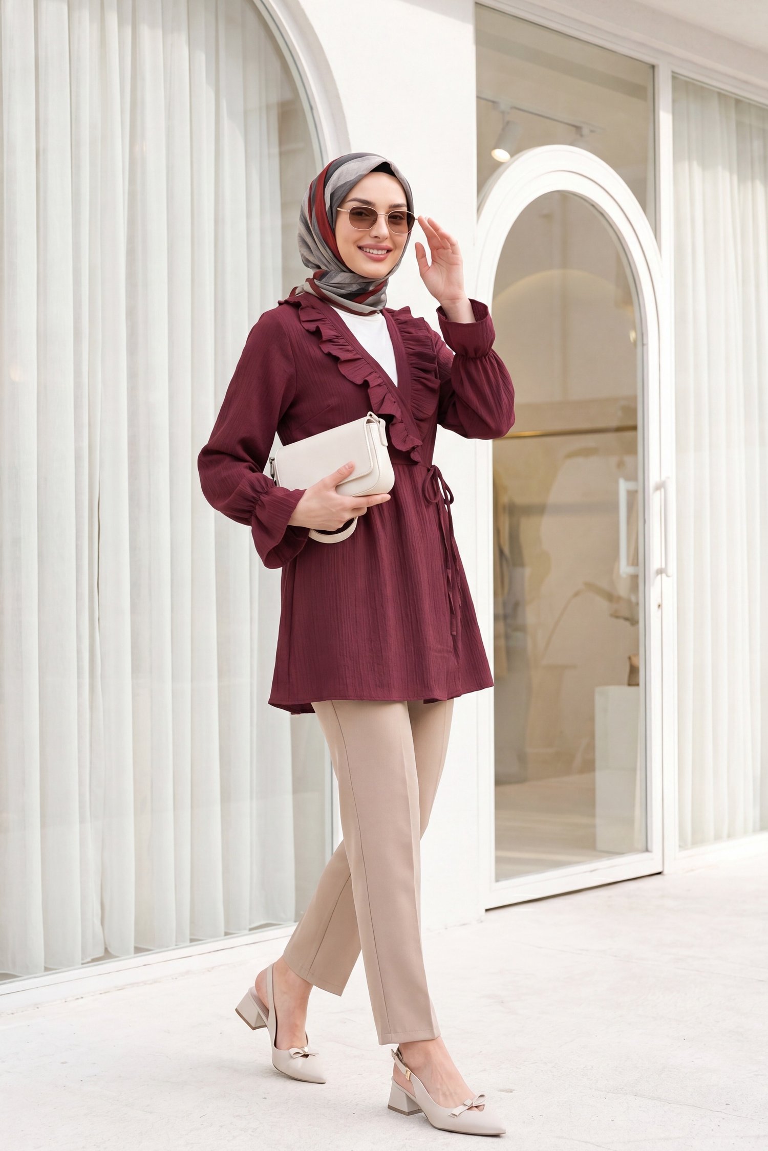 Önü Fırfırlı Bağlamalı Krinkıl Kimono -Bordo