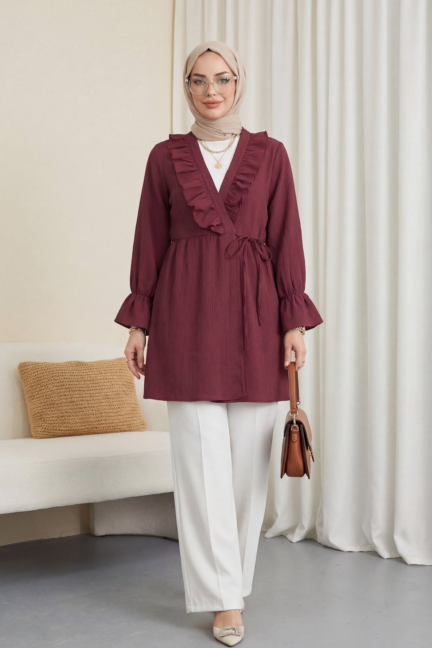 Önü Fırfırlı Bağlamalı Krinkıl Kimono -Bordo
