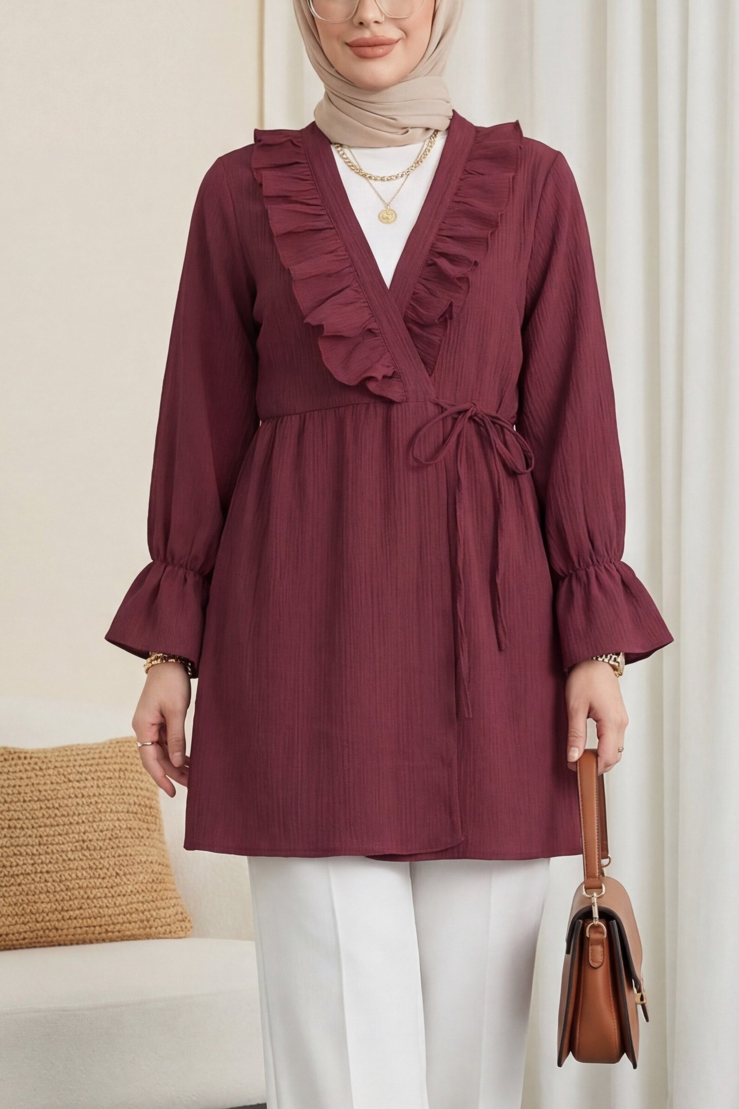 Önü Fırfırlı Bağlamalı Krinkıl Kimono -Bordo