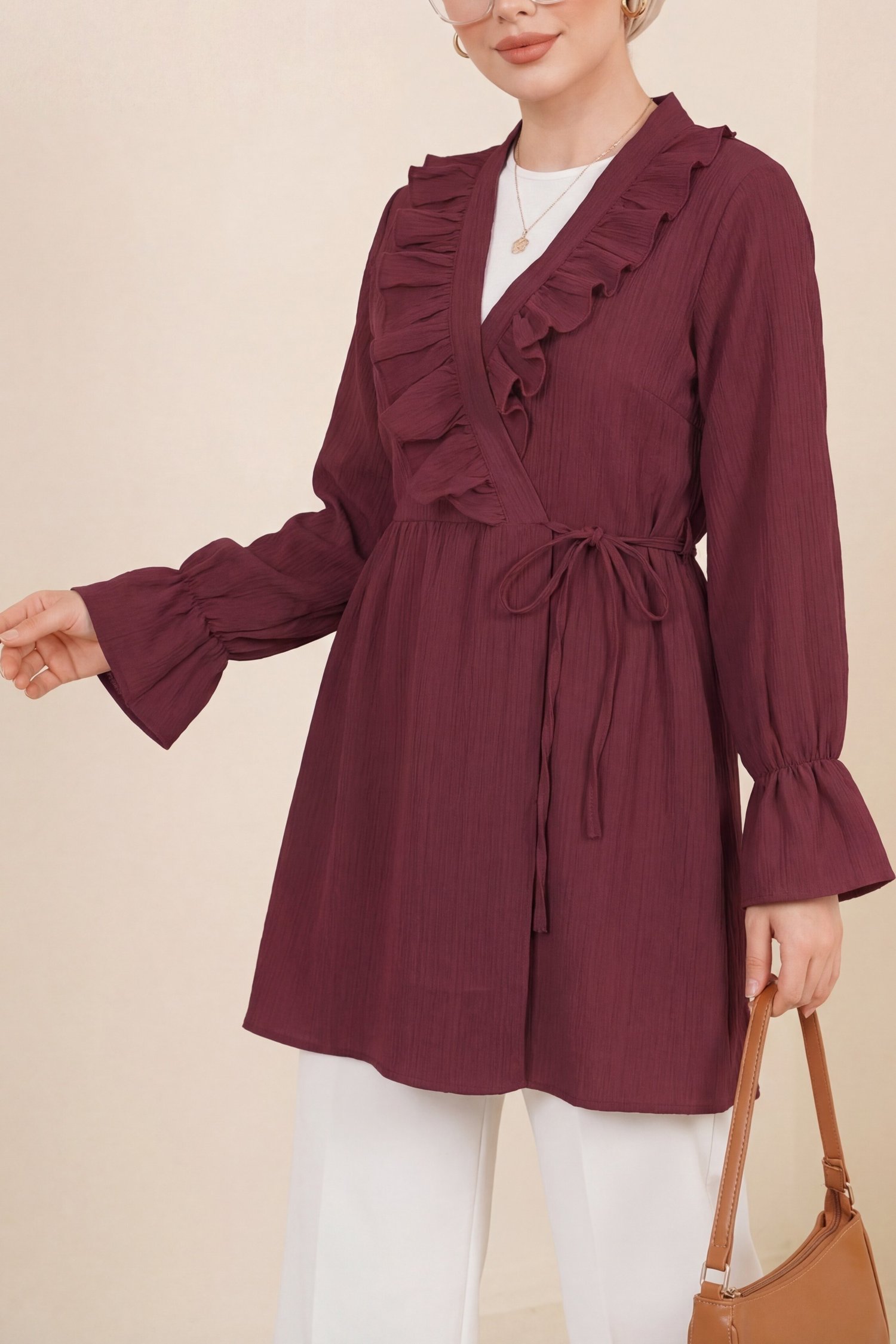 Önü Fırfırlı Bağlamalı Krinkıl Kimono -Bordo