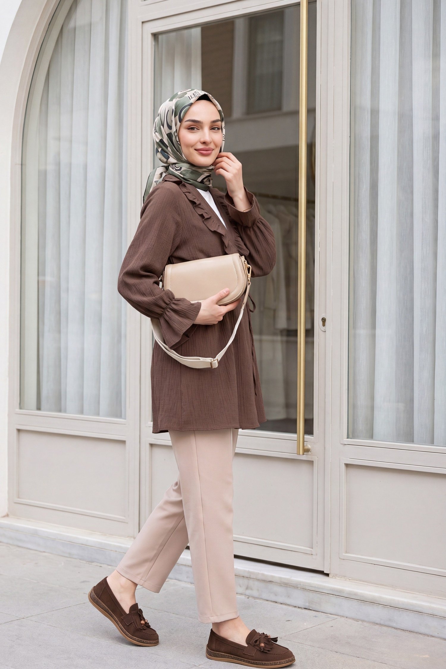 Önü Fırfırlı Bağlamalı Krinkıl Kimono -Kahve
