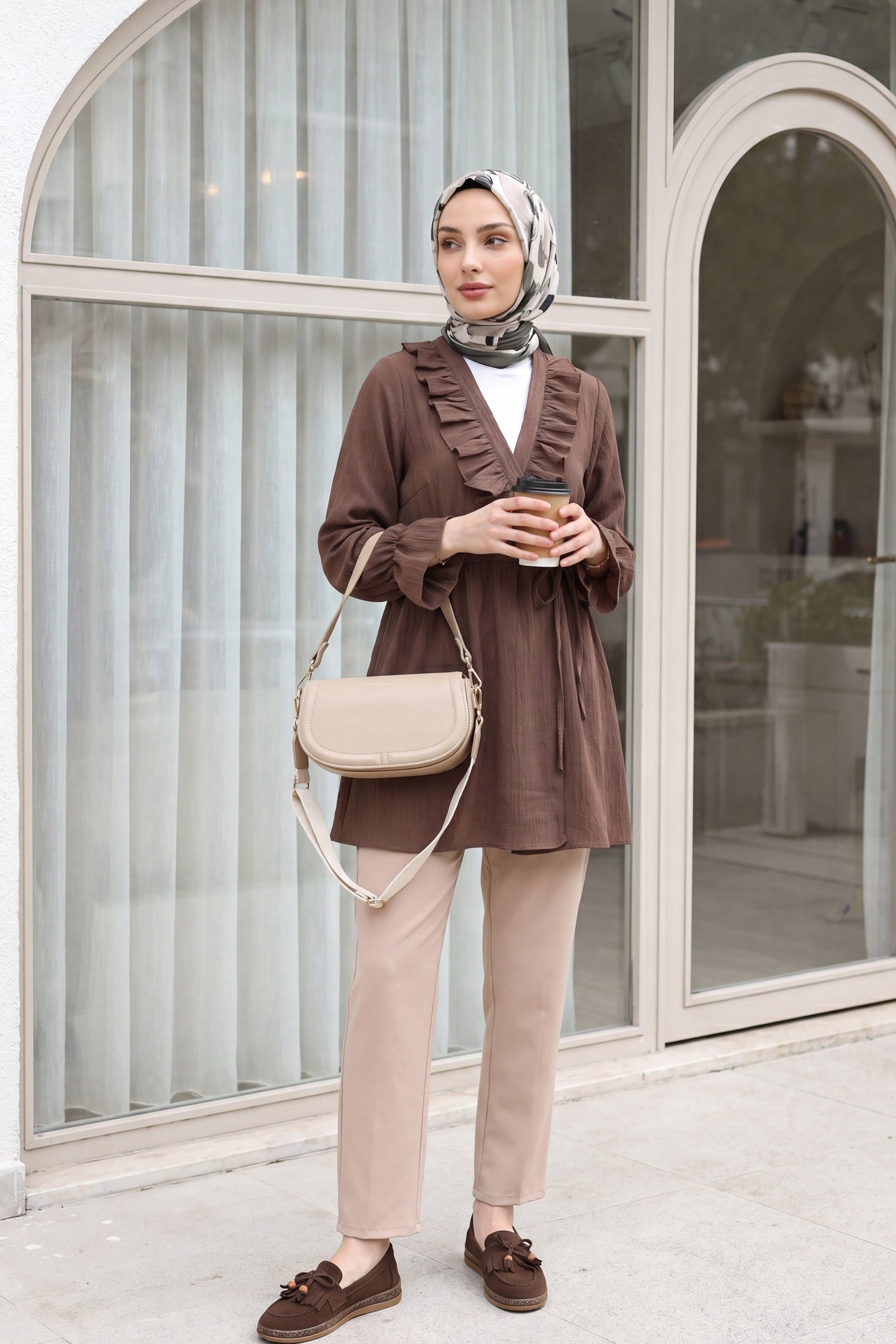 Önü Fırfırlı Bağlamalı Krinkıl Kimono -Kahve