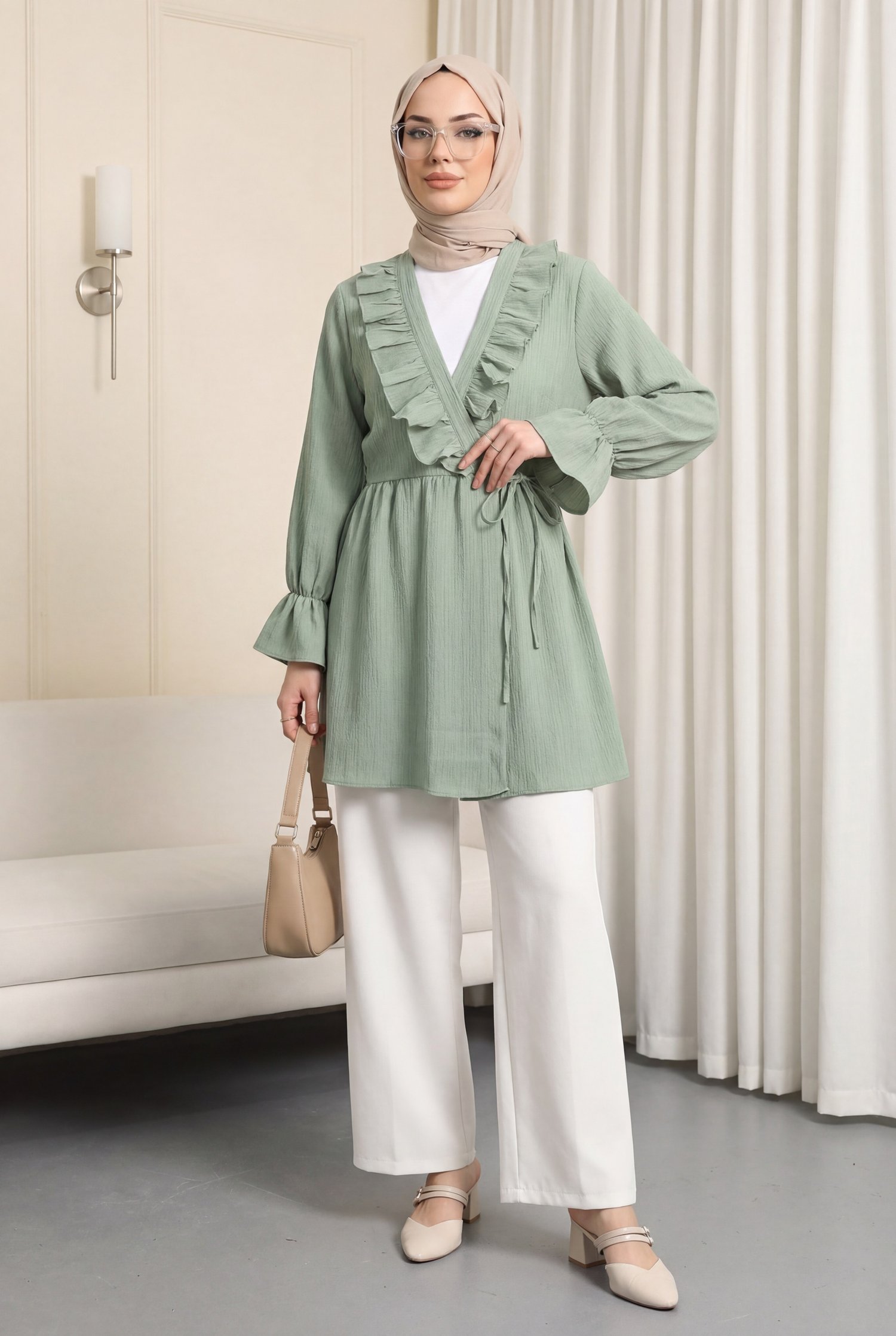 Önü Fırfırlı Bağlamalı Krinkıl Kimono -Mint