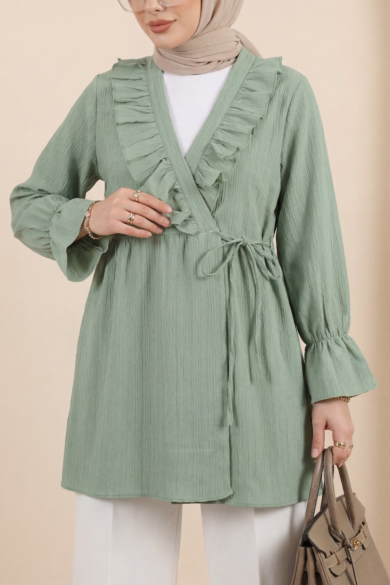 Önü Fırfırlı Bağlamalı Krinkıl Kimono -Mint