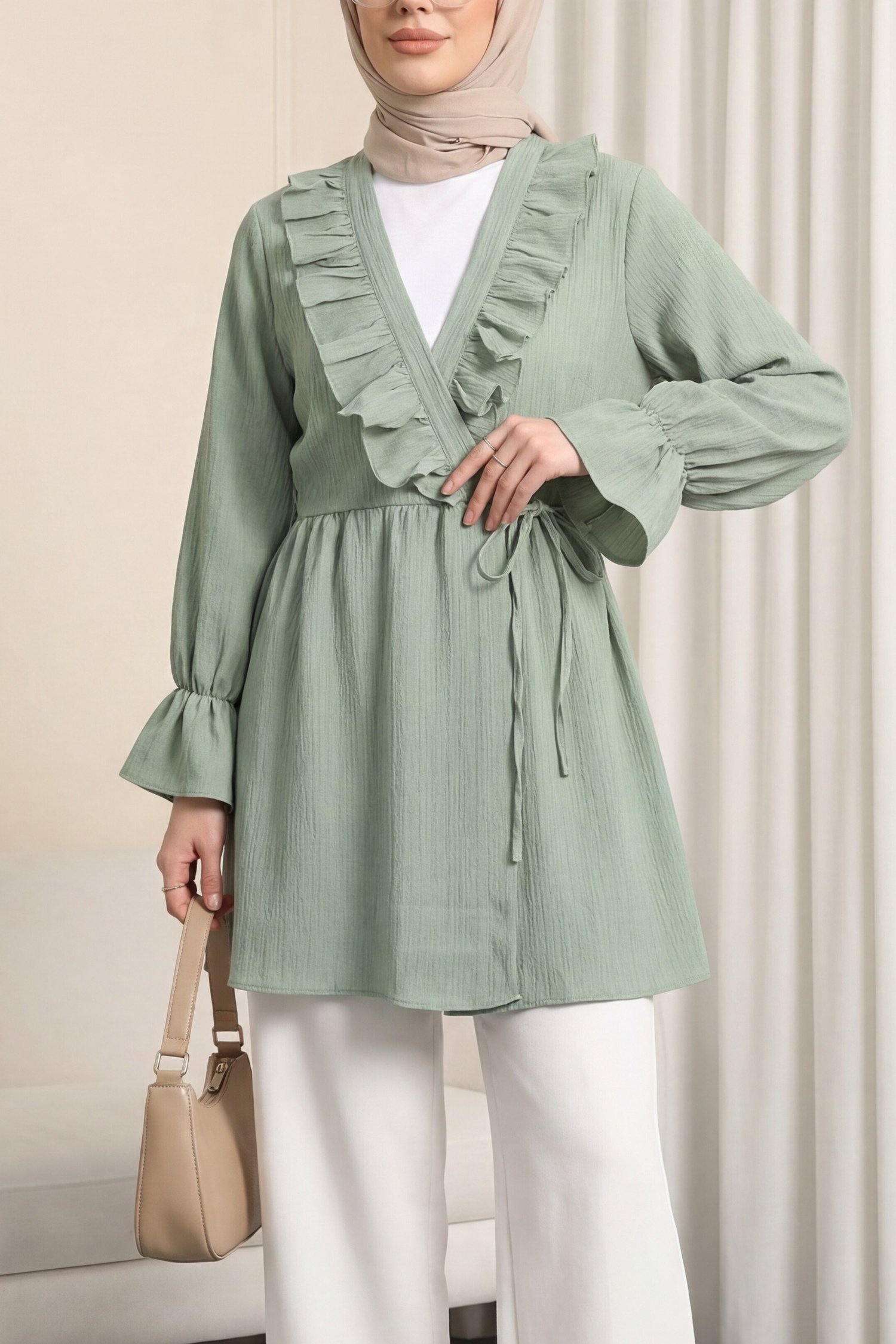 Önü Fırfırlı Bağlamalı Krinkıl Kimono -Mint