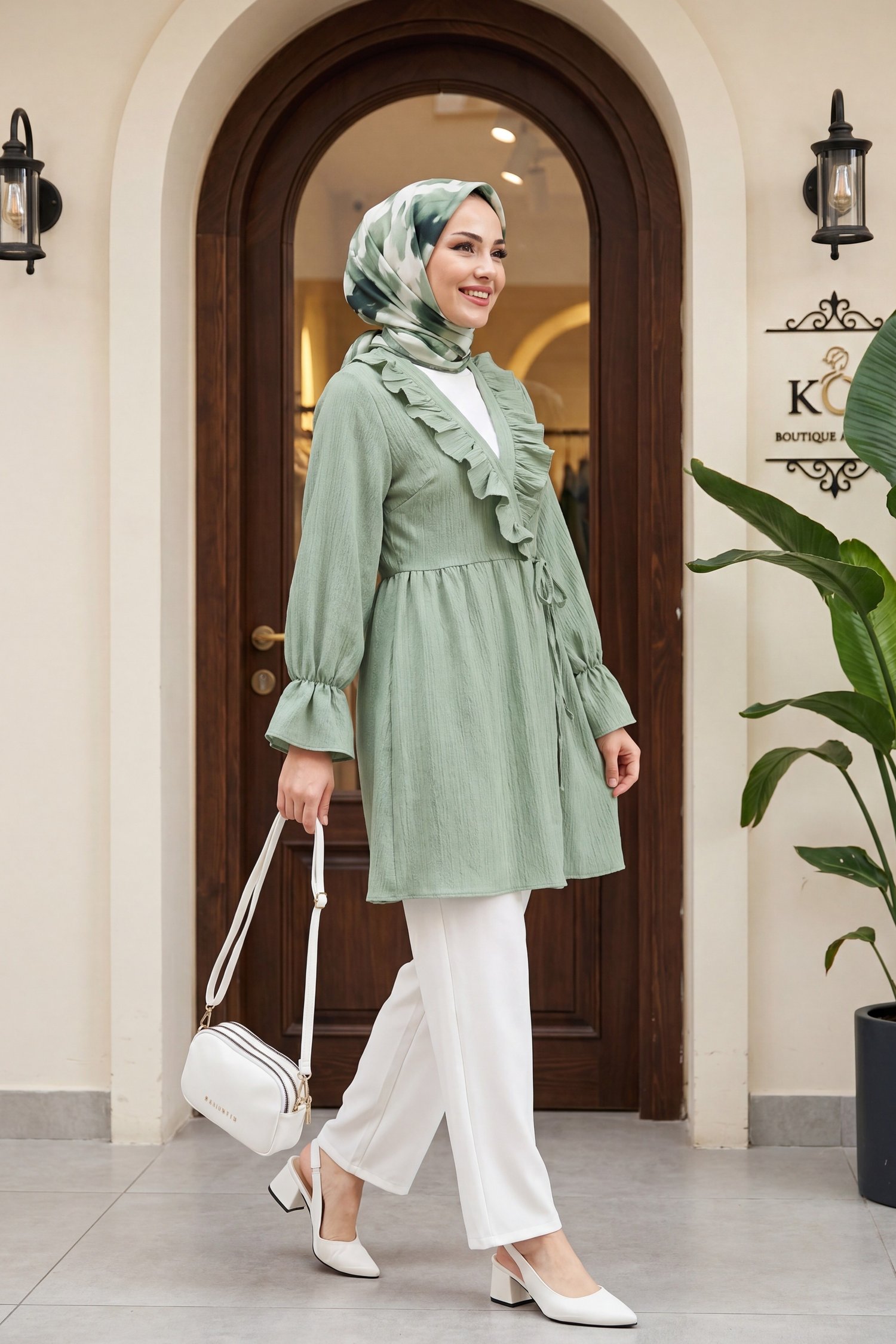 Önü Fırfırlı Bağlamalı Krinkıl Kimono -Mint