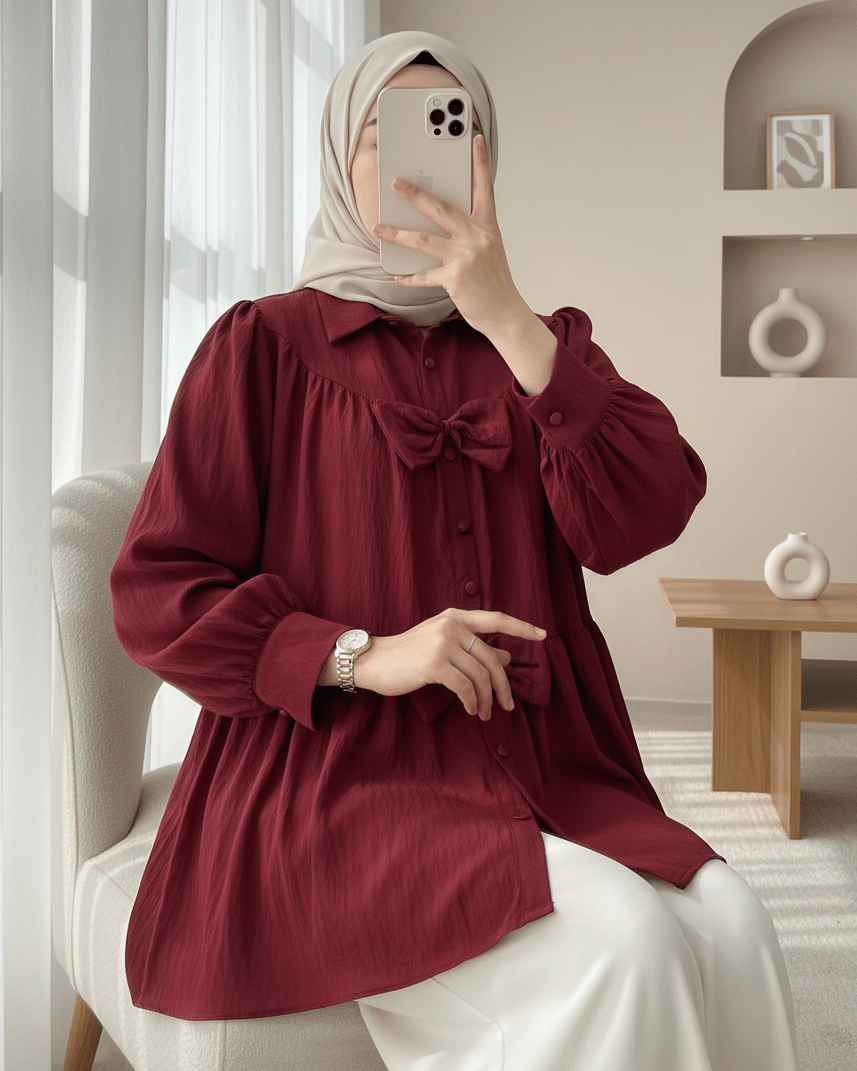 Önü Fiyonk Detaylı Parçalı Gömlek  -Bordo