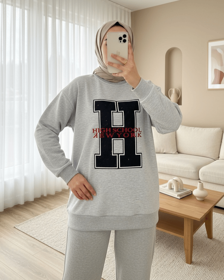 Önü Nakışlı Bisiklet Yaka Sweat Tunik -Gri