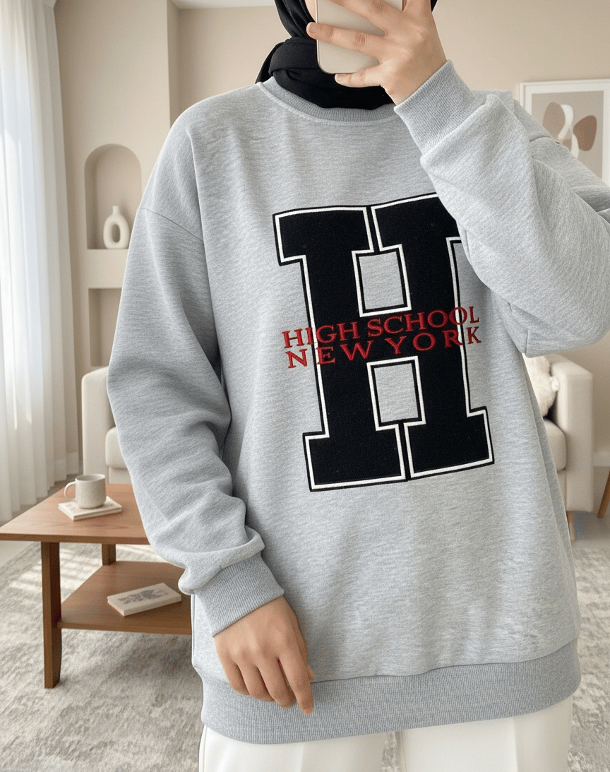 Önü Nakışlı Bisiklet Yaka Sweat Tunik -Gri