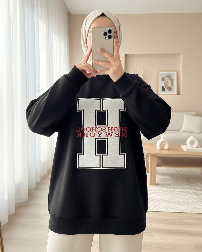 Önü Nakışlı Bisiklet Yaka Sweat Tunik -Siyah