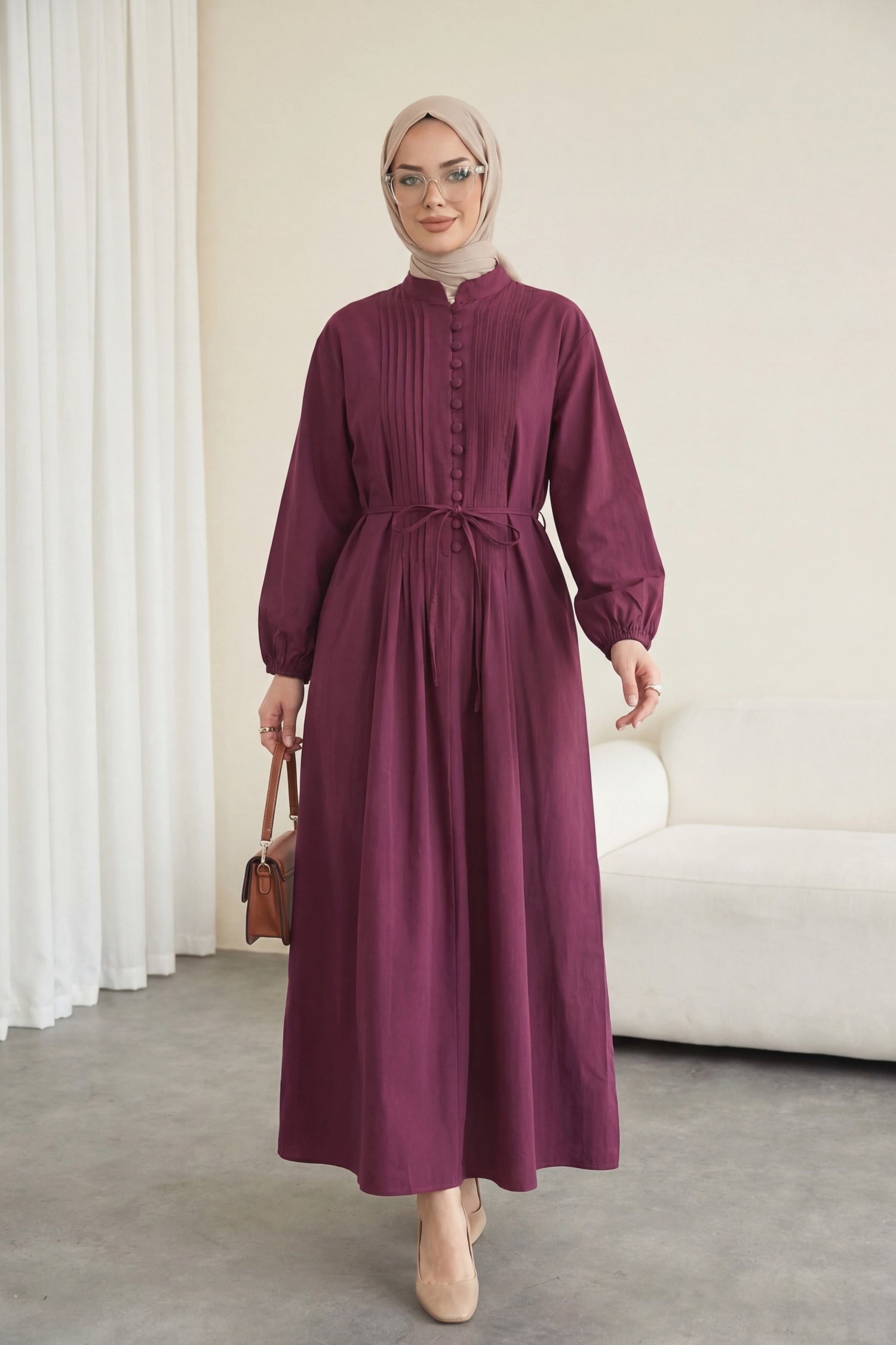 Önü Nervürlü Yarım Düğmeli Poplin Elbise -Mürdüm