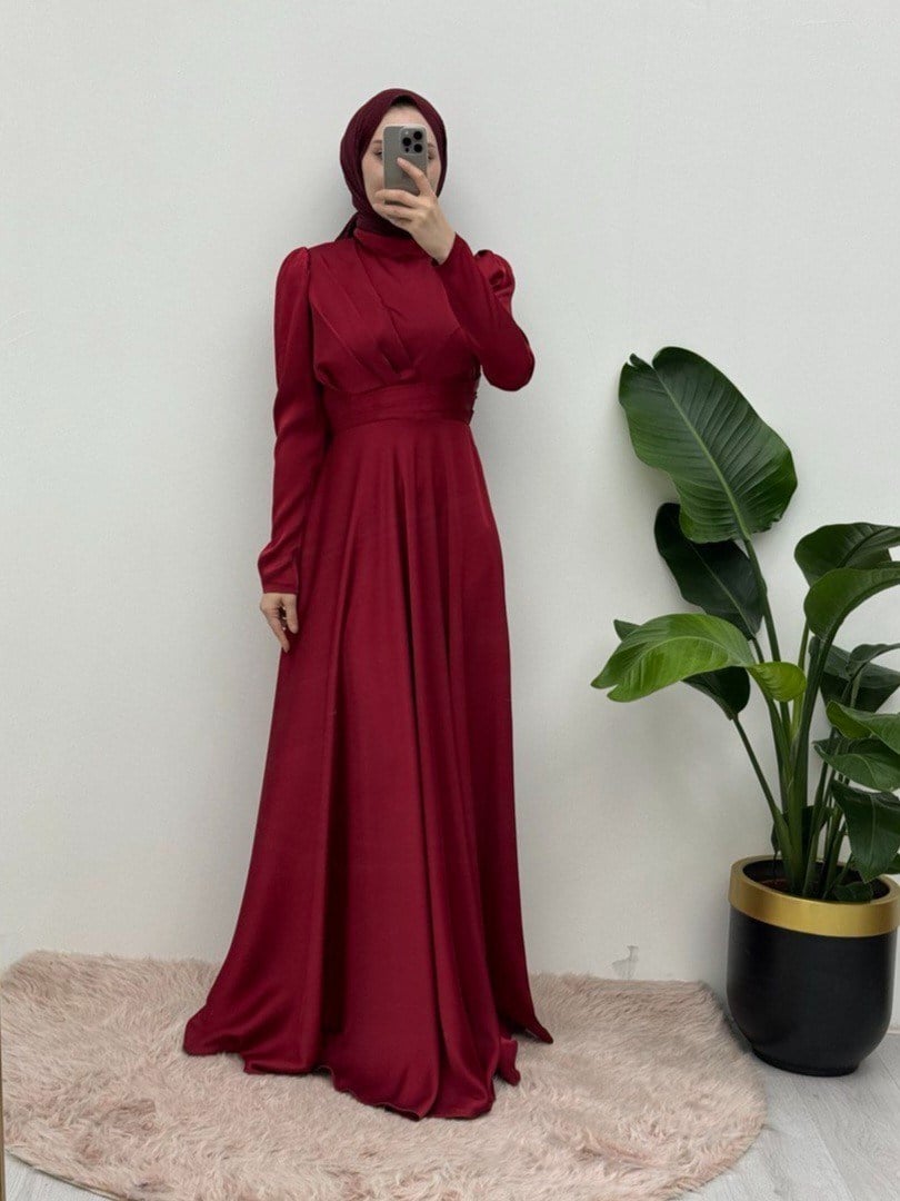 Önü Pliseli Saten Abiye  -Bordo