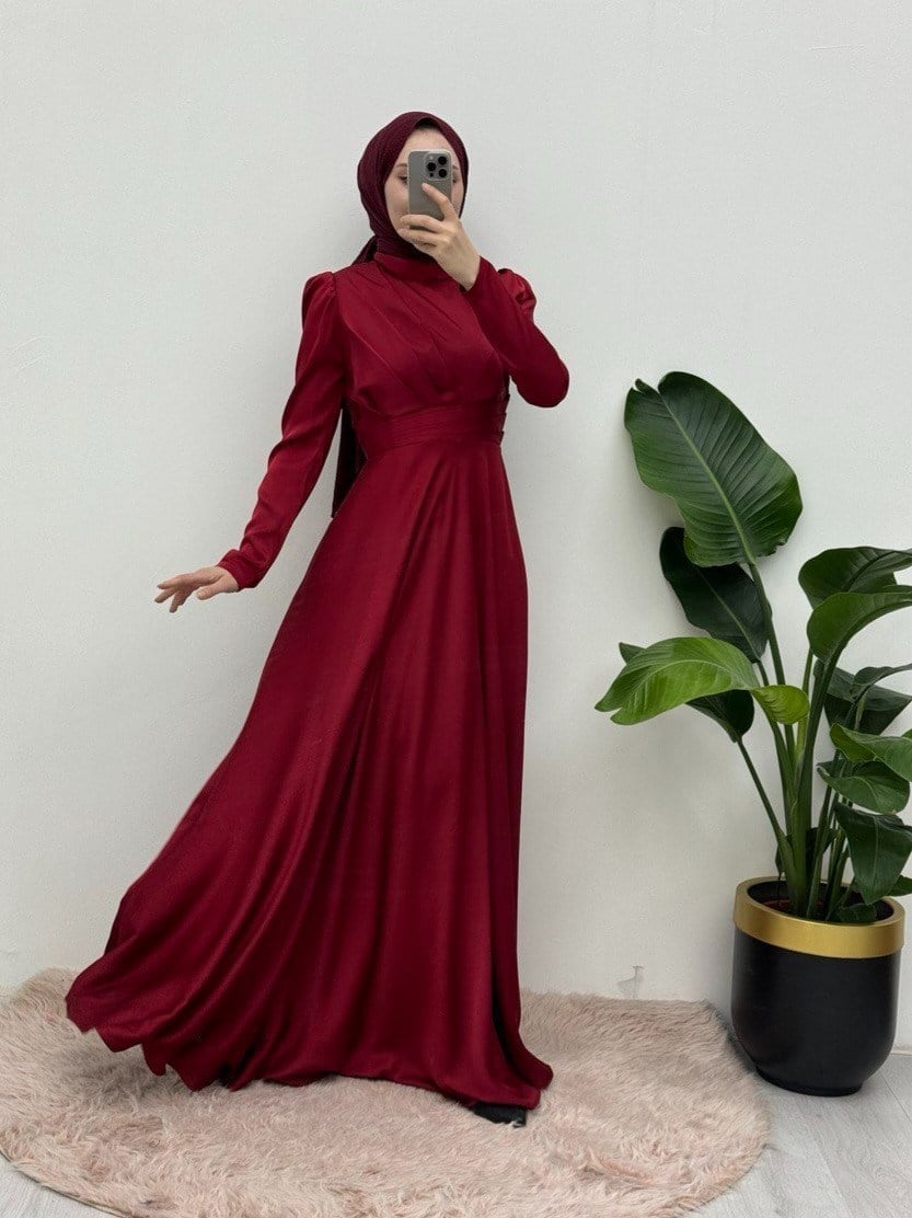 Önü Pliseli Saten Abiye  -Bordo