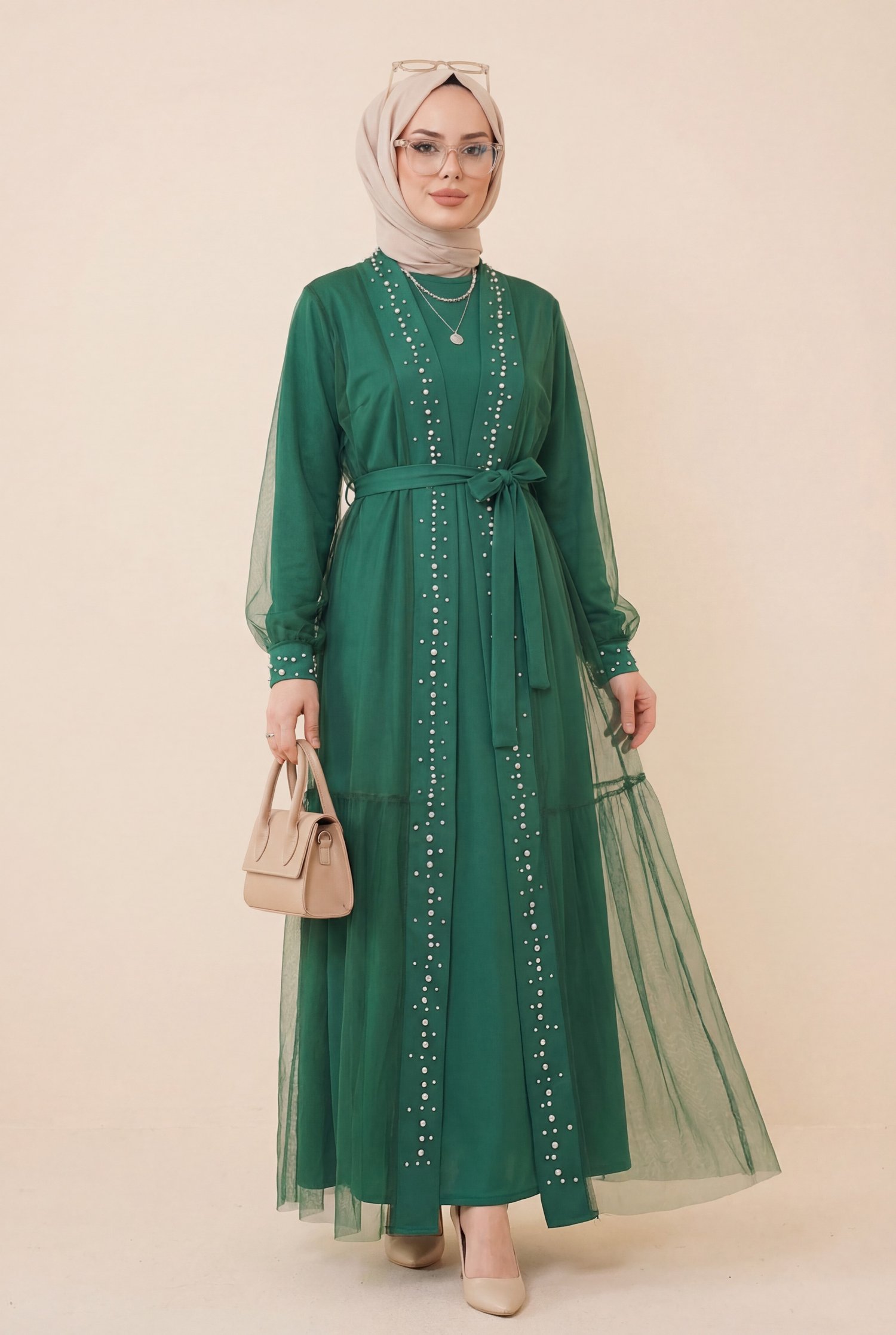 Önü Taş Ve İnci Detaylı Beli Bağcıklı İkili Abaya -Yeşil