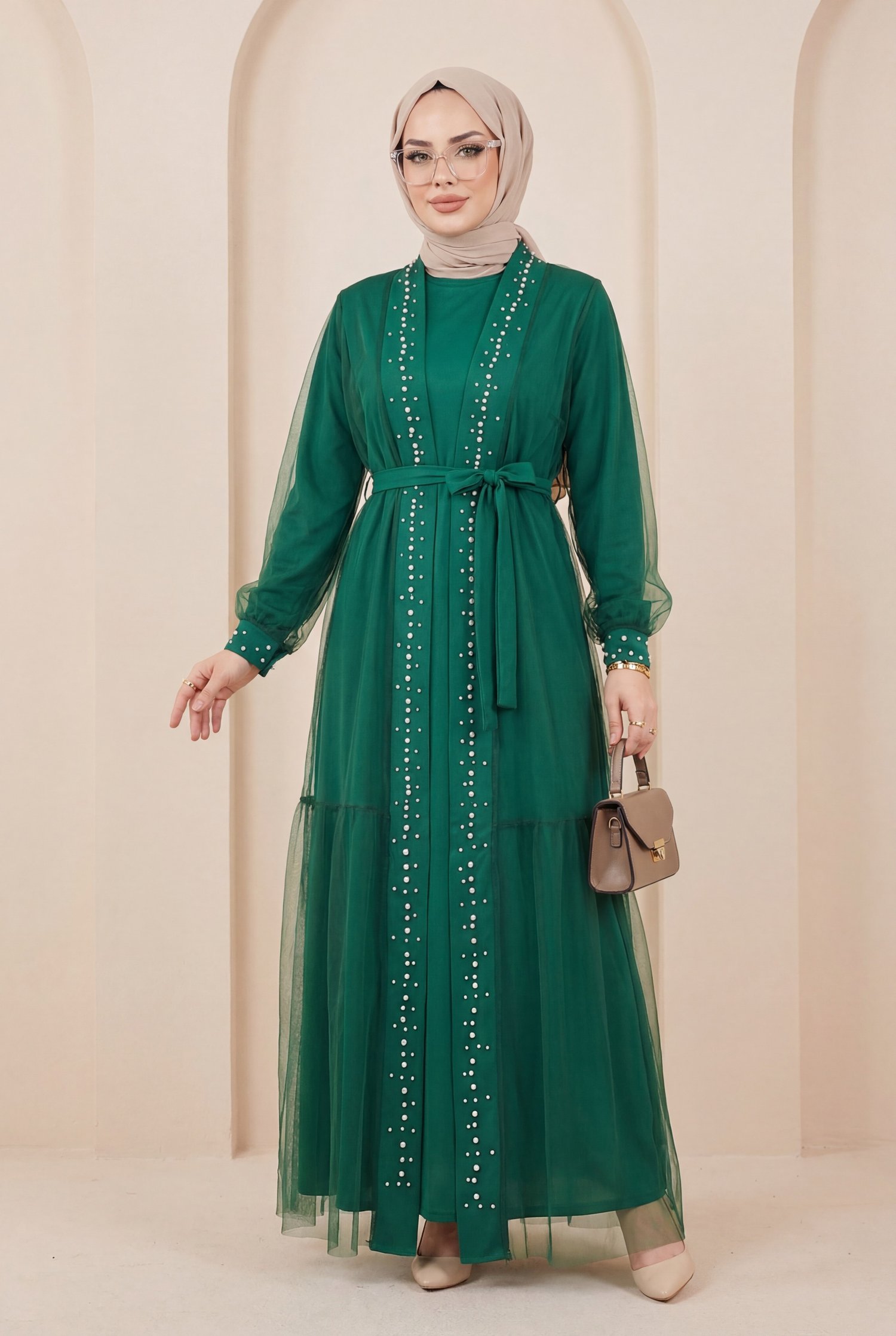 Önü Taş Ve İnci Detaylı Beli Bağcıklı İkili Abaya -Yeşil