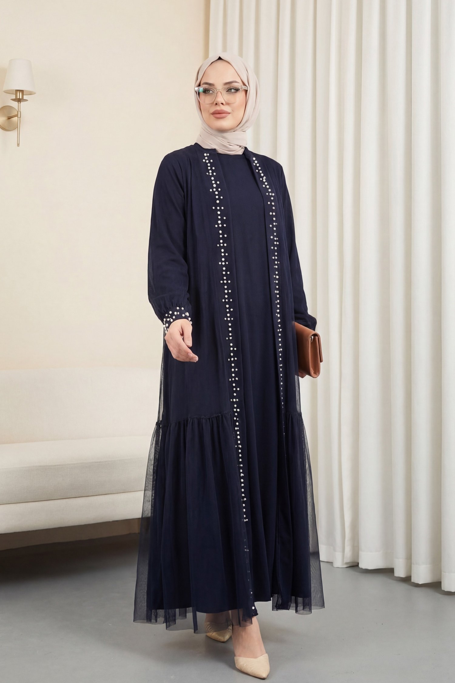 Önü Taş Ve İnci Detaylı Beli Bağcıklı İkili Abaya -Laci