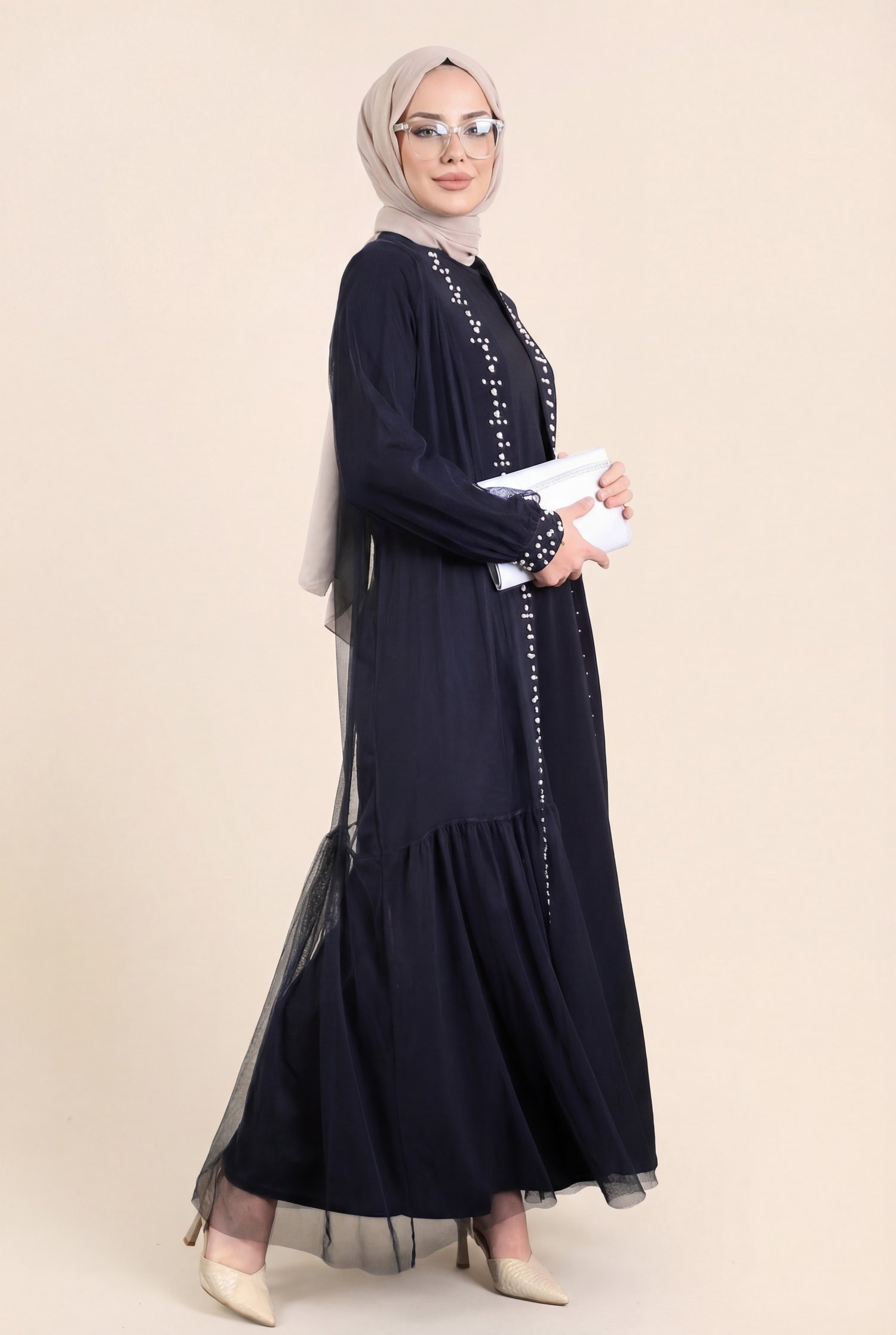 Önü Taş Ve İnci Detaylı Beli Bağcıklı İkili Abaya -Laci