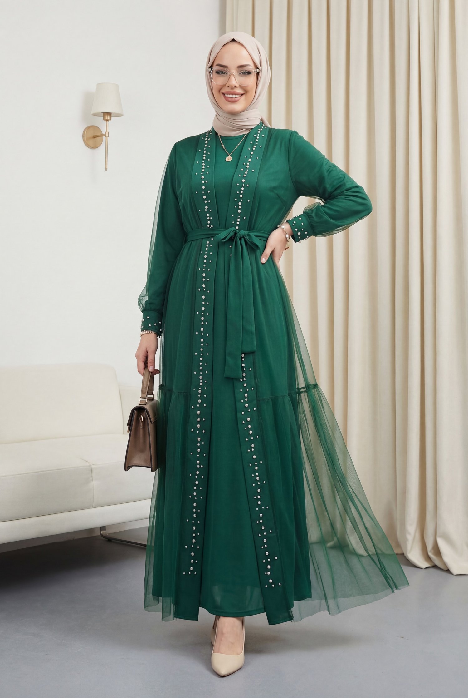 Önü Taş Ve İnci Detaylı Beli Bağcıklı İkili Abaya -Yeşil