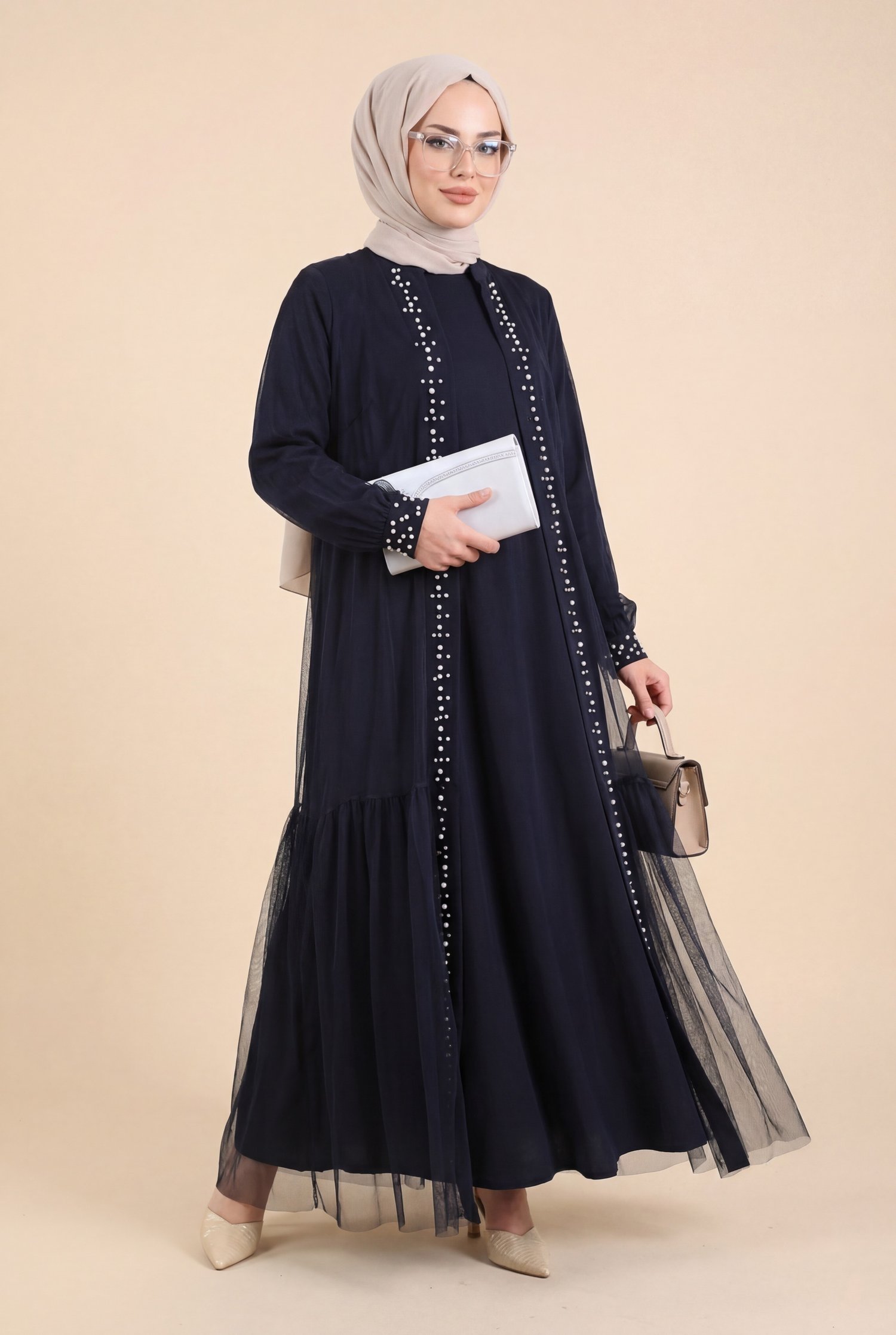 Önü Taş Ve İnci Detaylı Beli Bağcıklı İkili Abaya -Laci