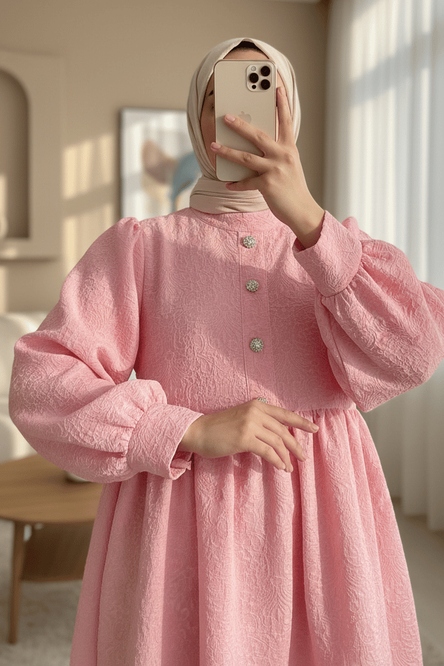 Önü Taşlı Düğme Detaylı Parçalı Arkası Fermuarlı Tunik -Pembe