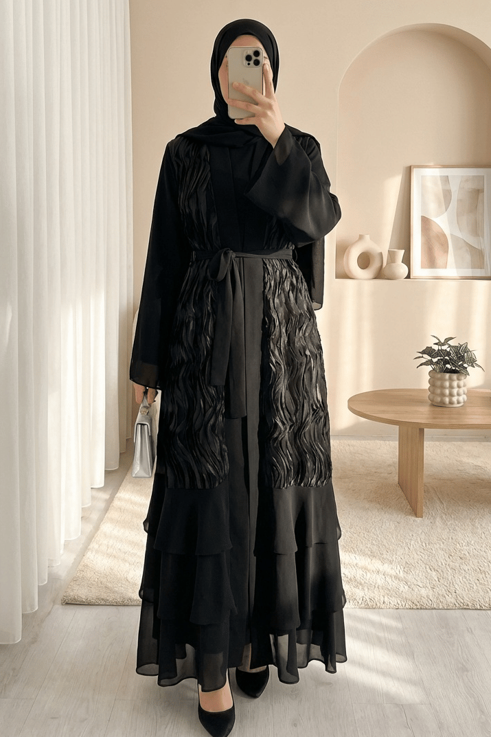 Önü Tül Detaylı Kemerli Eteği Katlı İkili Abaya Takım -Siyah