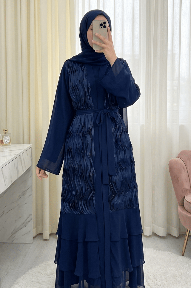 Önü Tül Detaylı Kemerli Eteği Katlı İkili Abaya Takım -Laci