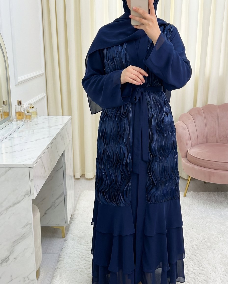 Önü Tül Detaylı Kemerli Eteği Katlı İkili Abaya Takım -Laci