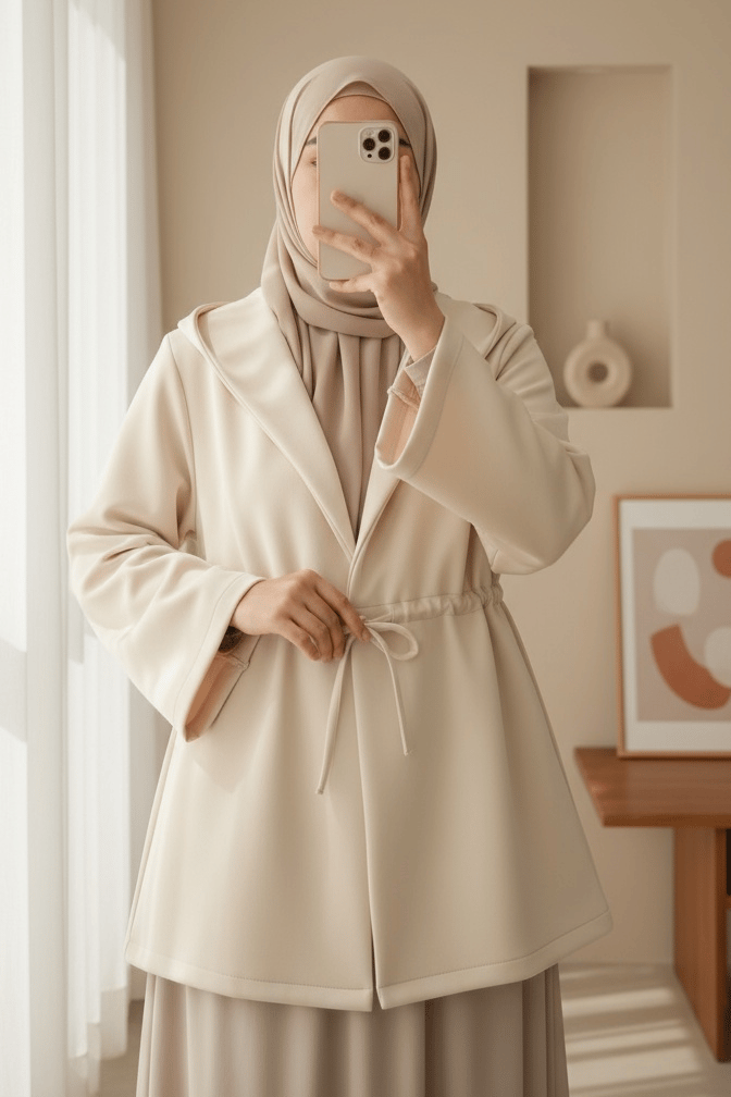 Önü Tünel Bağcıklı Scuba Kimono -Bej