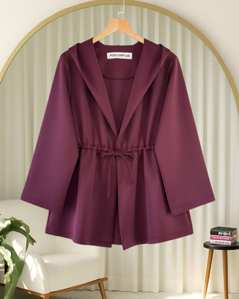 Önü Tünel Bağcıklı Scuba Kimono -Bordo
