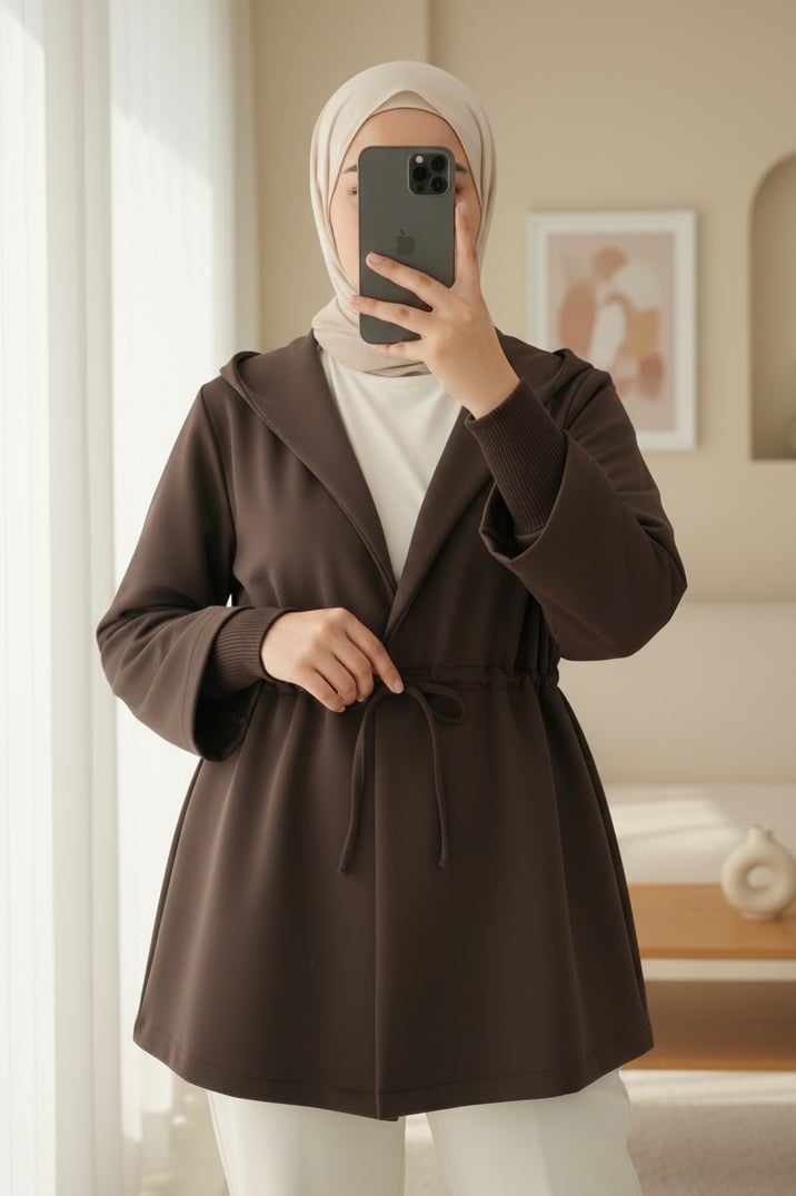 Önü Tünel Bağcıklı Scuba Kimono -K. Kahve