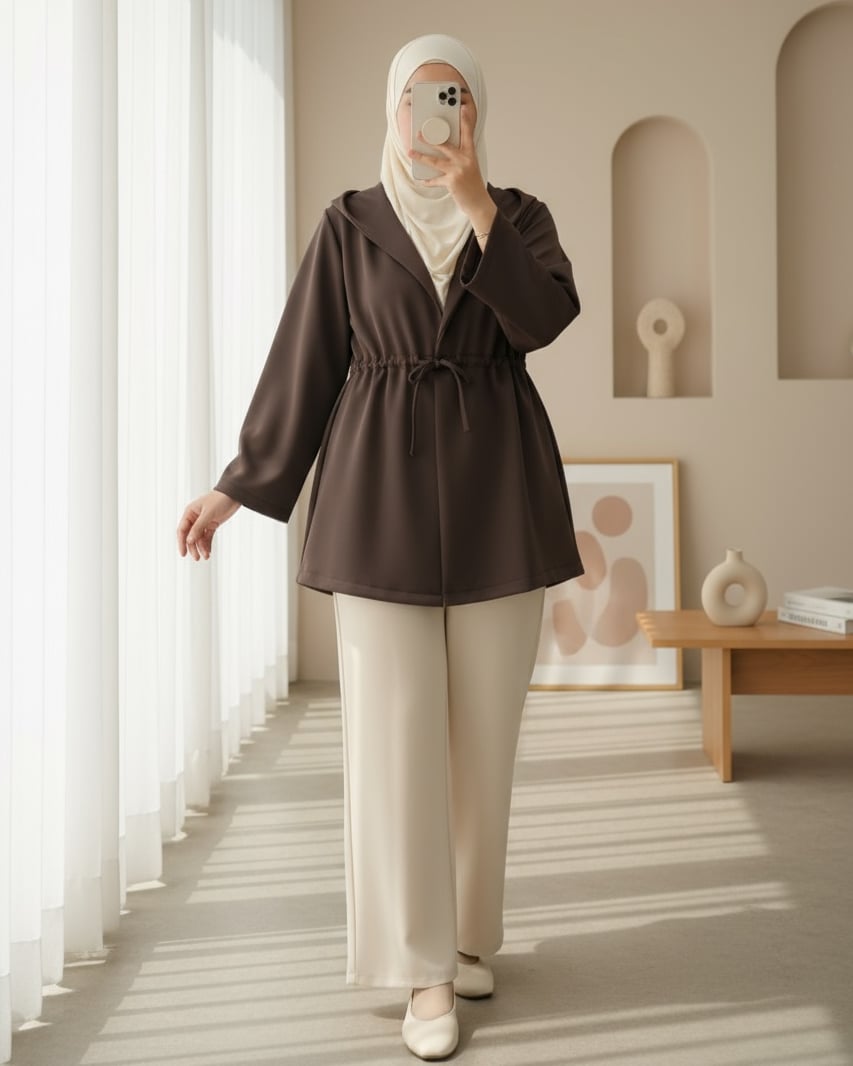 Önü Tünel Bağcıklı Scuba Kimono -K. Kahve