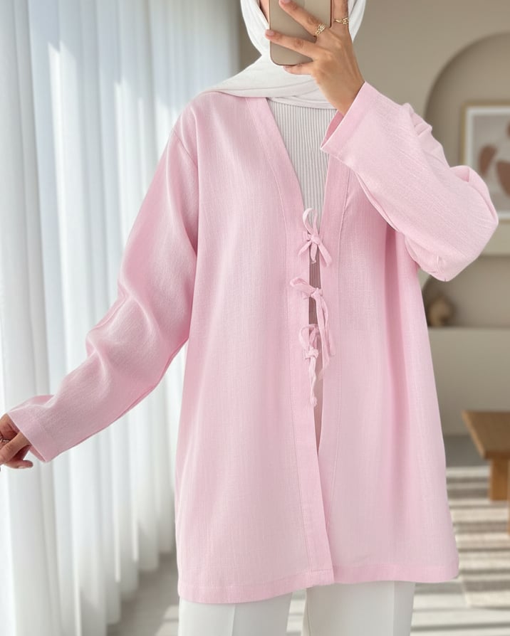 Önü Üç Bağcıklı Keten Görünümlü Kimono -Pudra
