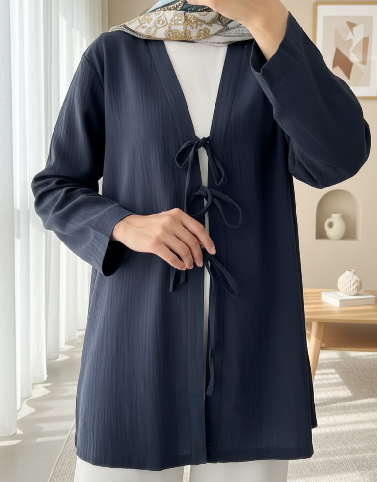 Önü Üç Bağcıklı Keten Görünümlü Kimono -Laci