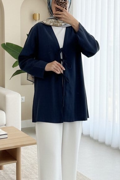 Önü Üç Bağcıklı Keten Görünümlü Kimono -Laci
