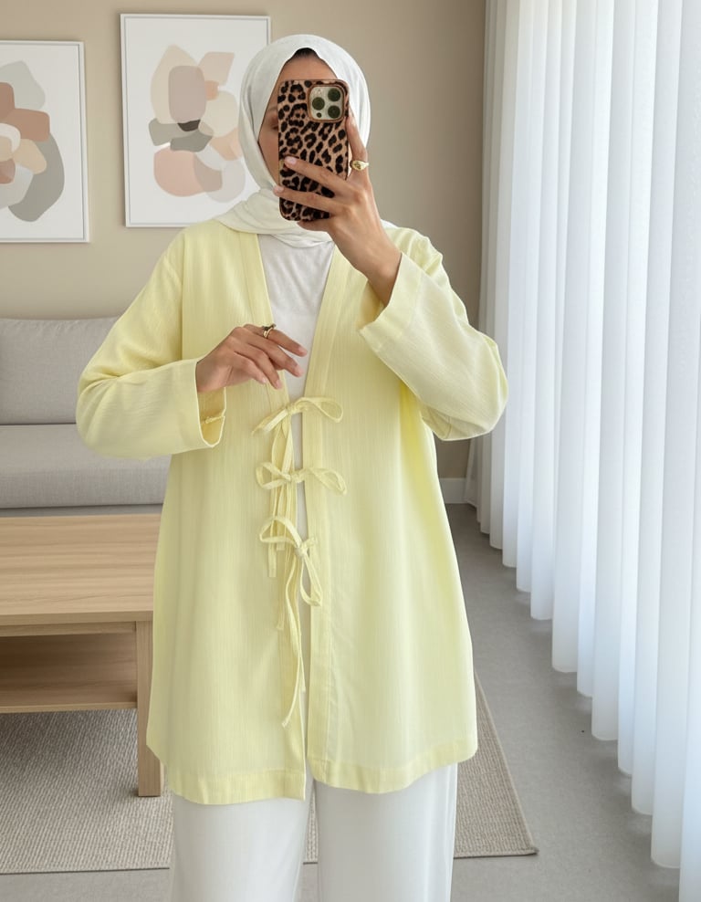 Önü Üç Bağcıklı Keten Görünümlü Kimono -Açık Sarı