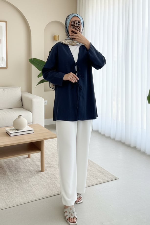 Önü Üç Bağcıklı Keten Görünümlü Kimono -Laci