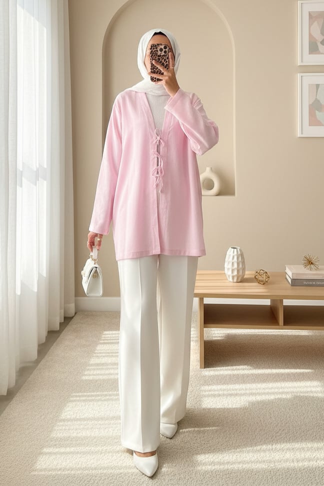 Önü Üç Bağcıklı Keten Görünümlü Kimono -Pudra