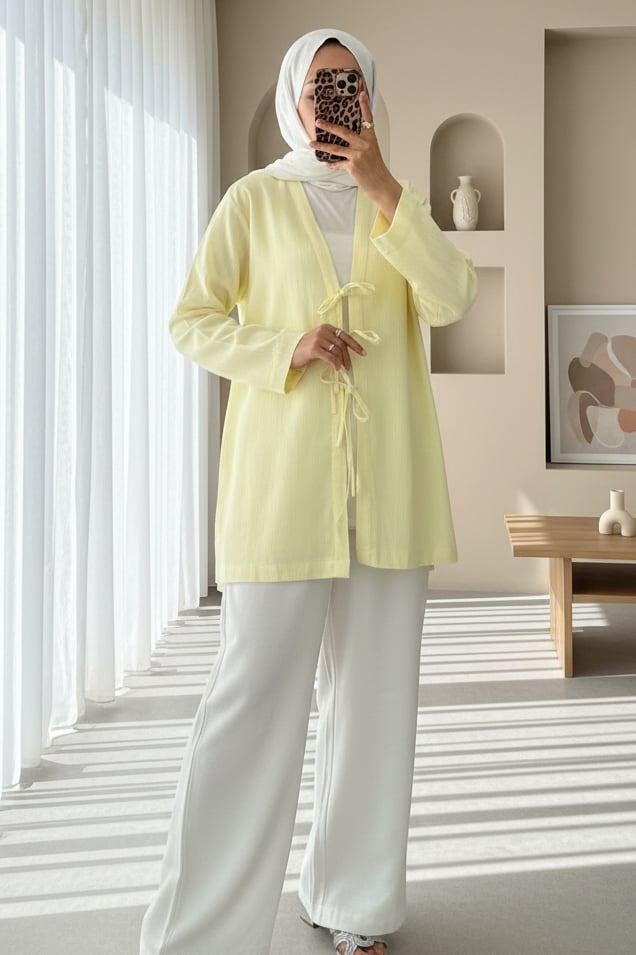 Önü Üç Bağcıklı Keten Görünümlü Kimono -Açık Sarı