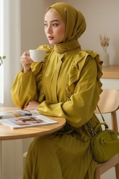 Önü Ve Eteği Fırfırlı Beli Lastikli Gömlek -Yağ Yeşili