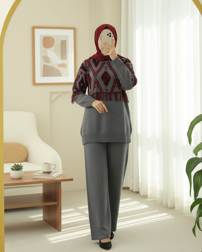 Önü Ve Kolu Saçaklı Piksel Desen Triko Takım -Füme