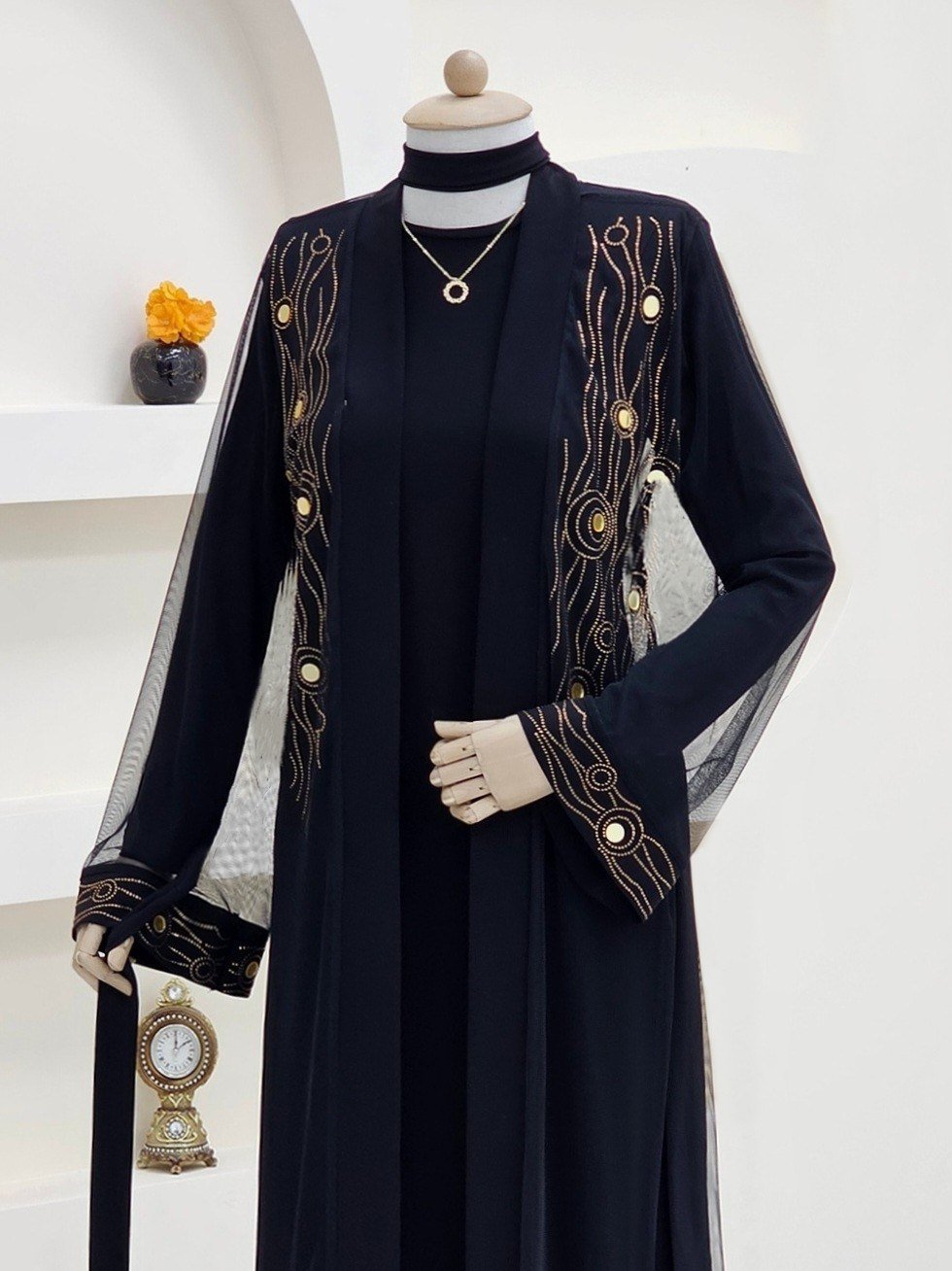 Önü Ve Manşeti Taşlı Abaya  -Bakır