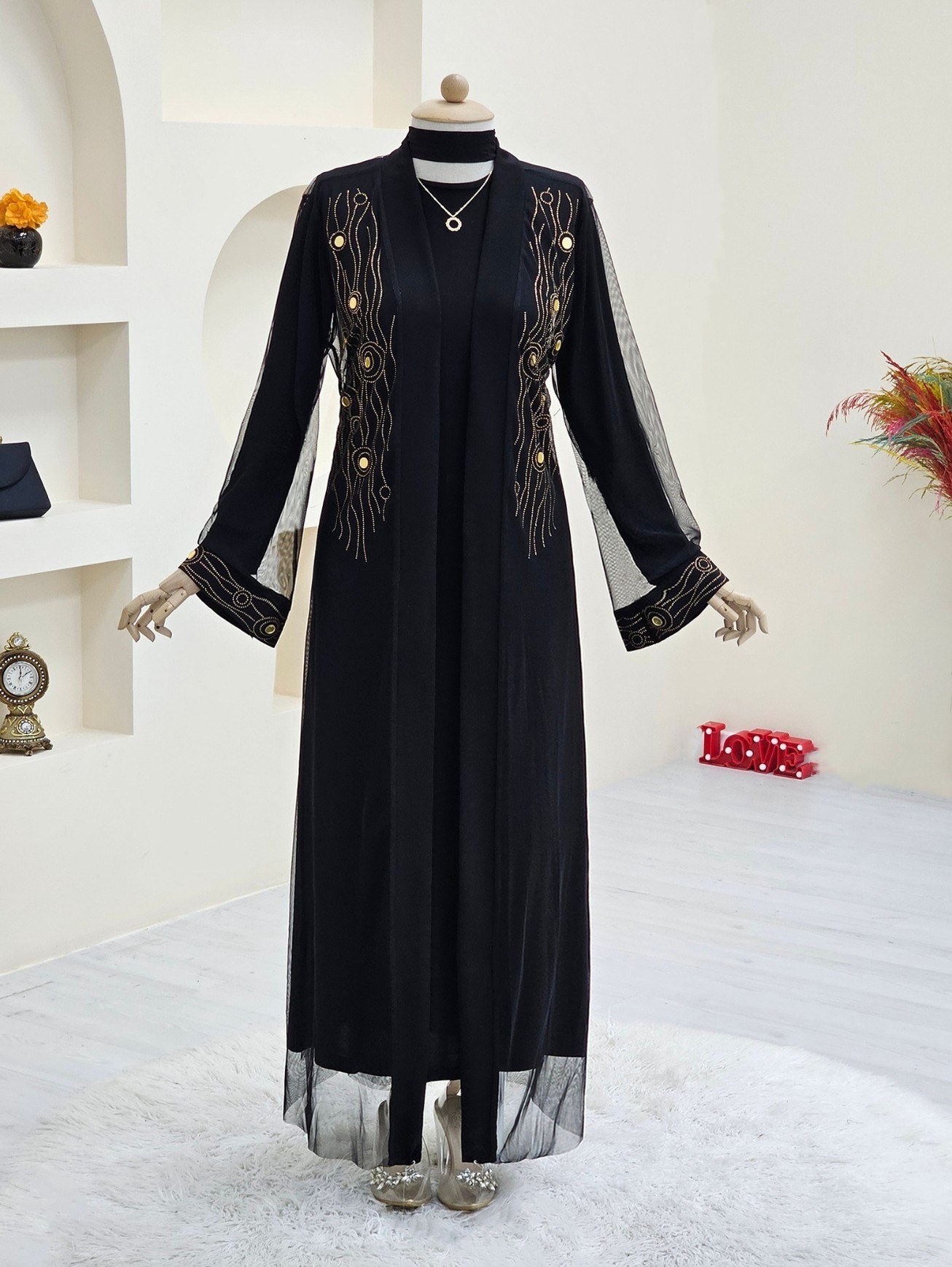 Önü Ve Manşeti Taşlı Abaya  -Bakır