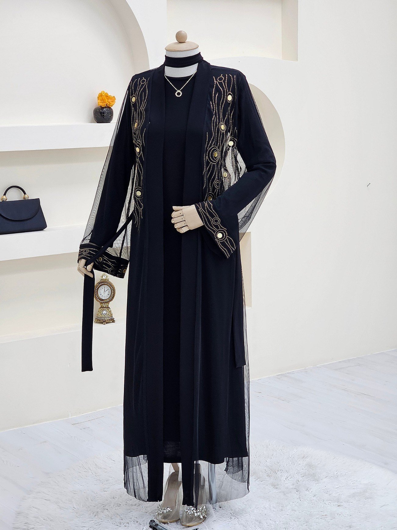 Önü Ve Manşeti Taşlı Abaya  -Bakır