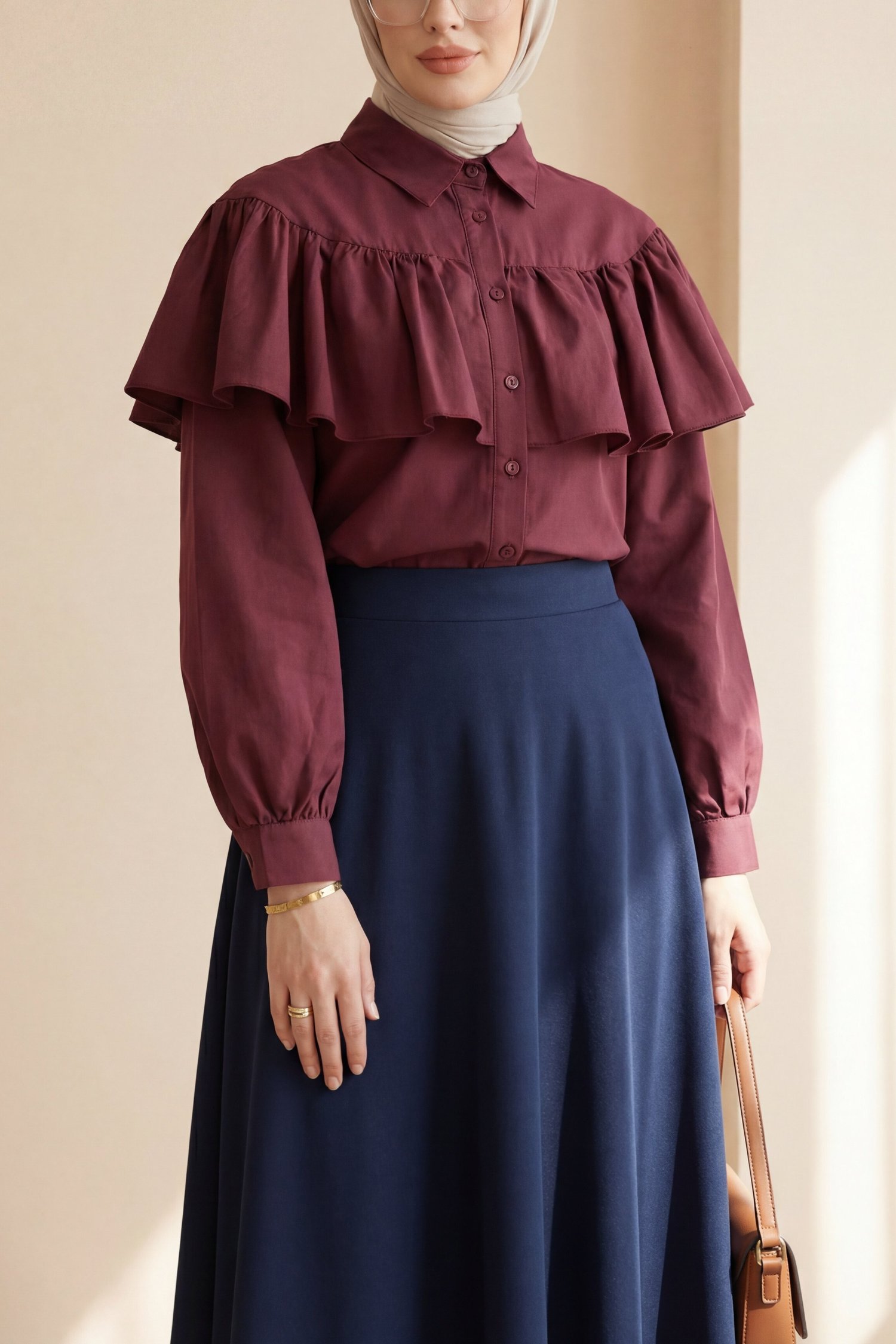 Önü Ve Omuzu Fırfır Detaylı Poplin Gömlek Bluz -Bordo