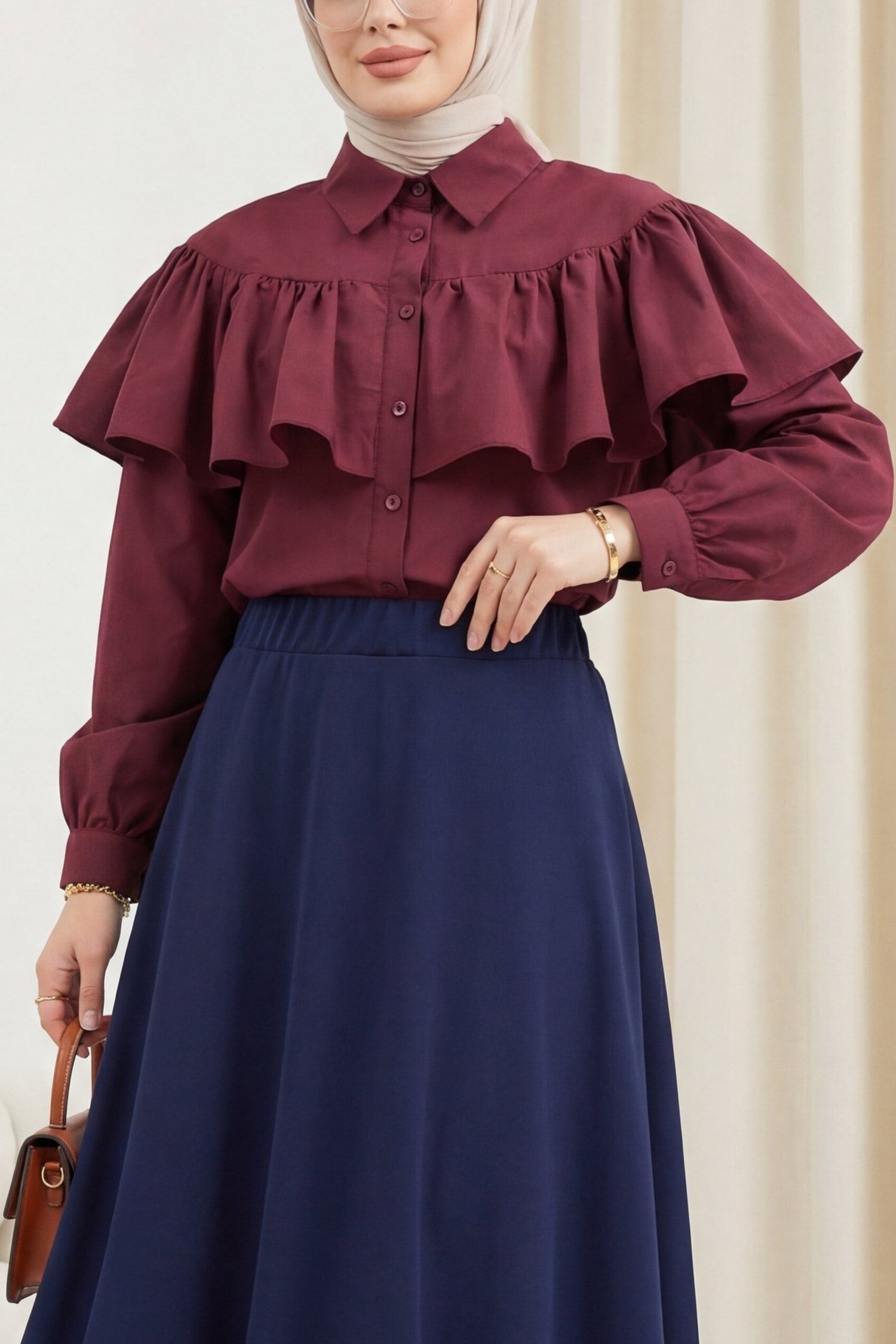 Önü Ve Omuzu Fırfır Detaylı Poplin Gömlek Bluz -Bordo