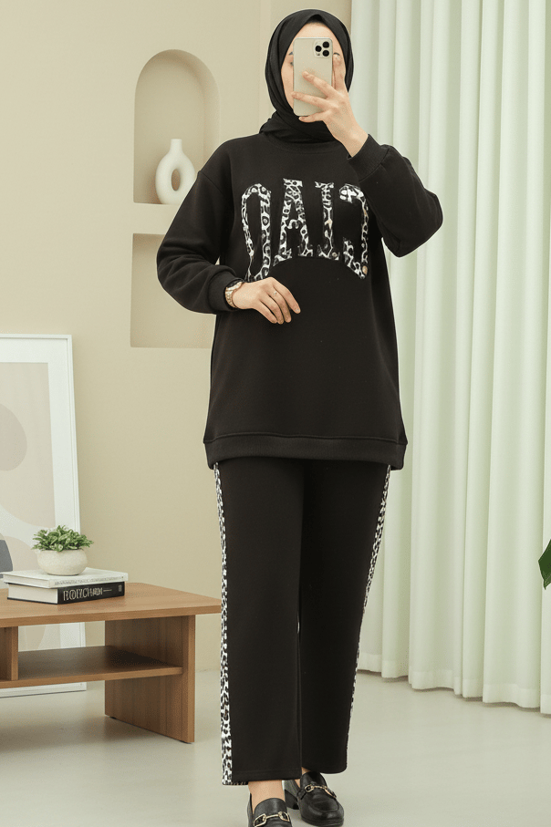 Önü Yazılı Leopar Deseni Detaylı Üç İplik Sweat Takım  -K. Kahve