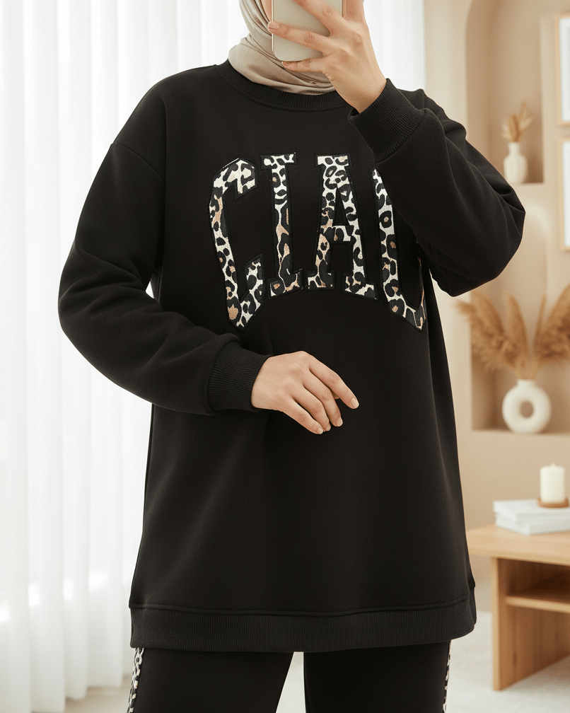 Önü Yazılı Leopar Deseni Detaylı Üç İplik Sweat Takım  -K. Kahve