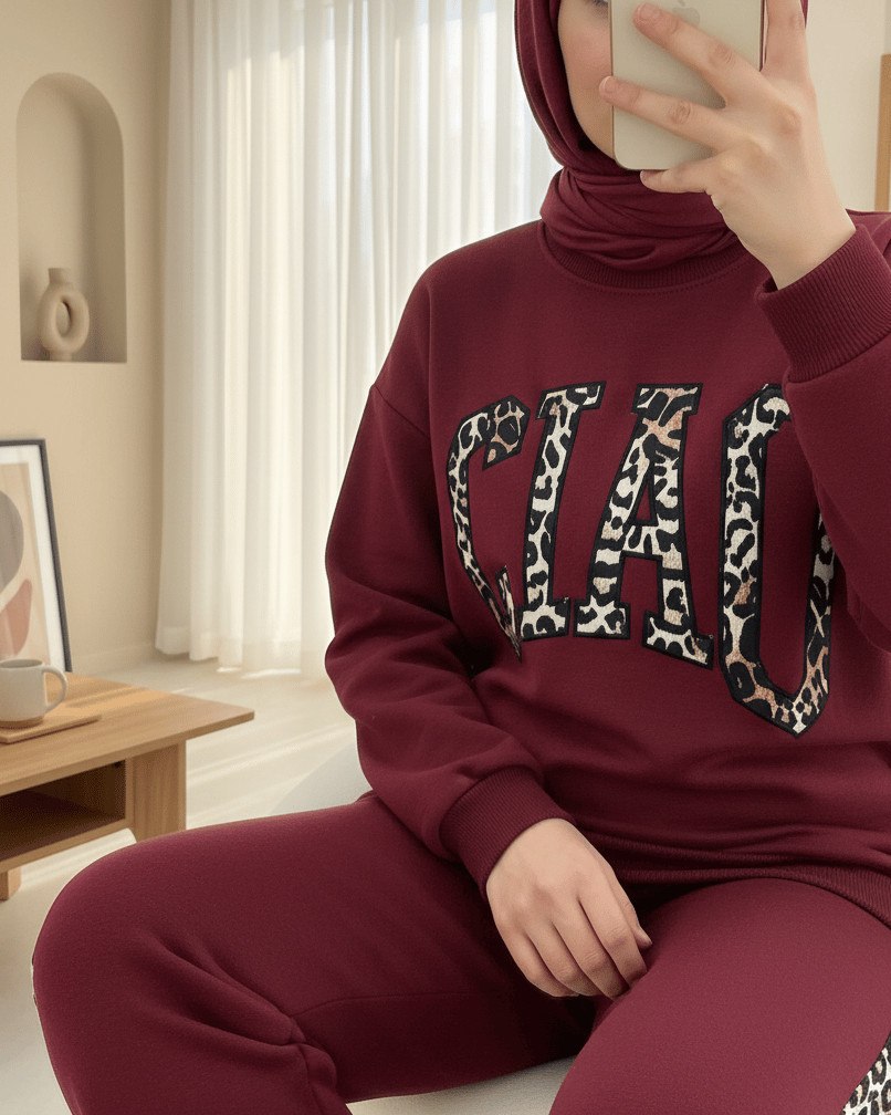 Önü Yazılı Leopar Deseni Detaylı Üç İplik Sweat Takım  -Bordo