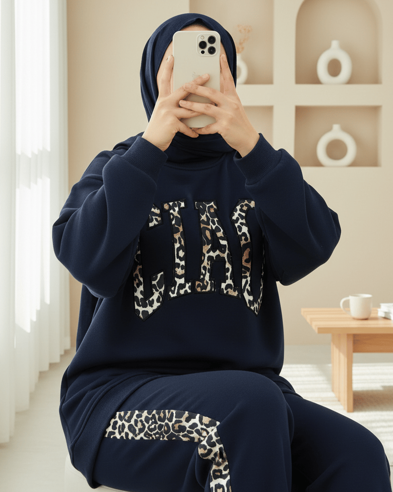 Önü Yazılı Leopar Deseni Detaylı Üç İplik Sweat Takım  -Laci
